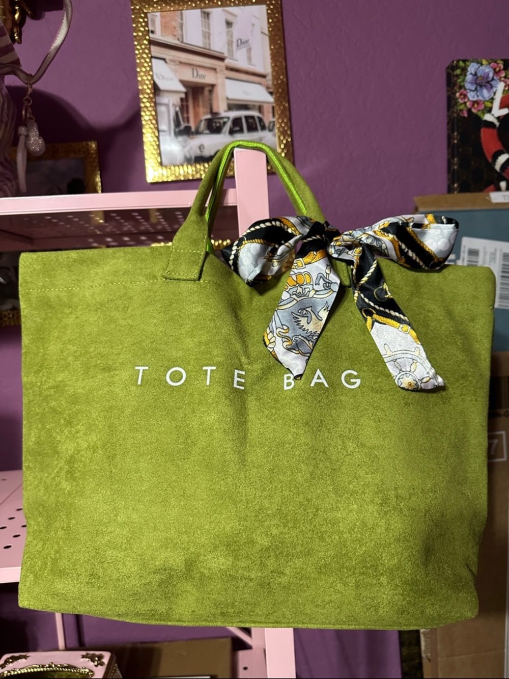 Green Suede Tote Bag with Decorative Scarf